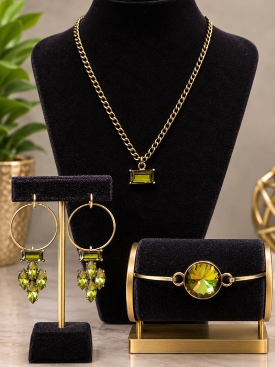 Plunder Jewelry - Plunder Gold-Tone Necklace, Earrings & Bracelet with Olive Green Crystals